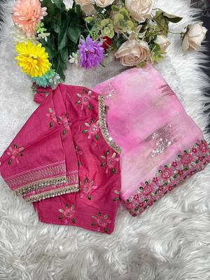 Pink Color embroidery work and sequence border Chiffon Saree 3