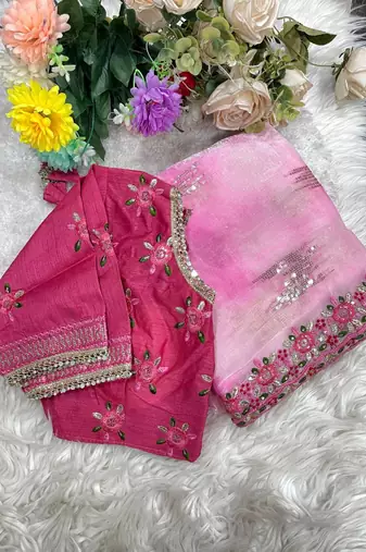 Pink Color embroidery work and sequence border Chiffon Saree