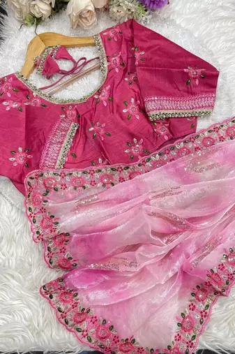 Pink Color embroidery work and sequence border Chiffon Saree