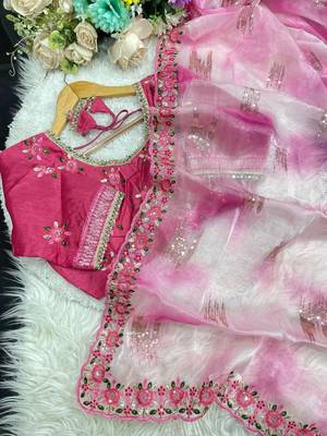 Pink Color embroidery work and sequence border Chiffon Saree 5