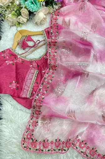 Pink Color embroidery work and sequence border Chiffon Saree