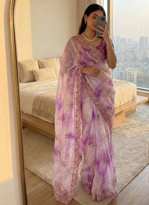 Purple Color embroidery work and sequence border Chiffon Saree 1