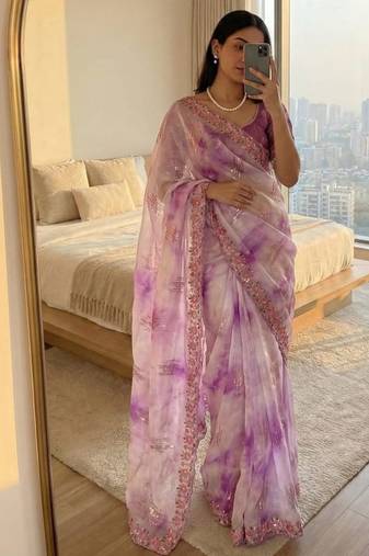 Purple Color embroidery work and sequence border Chiffon Saree