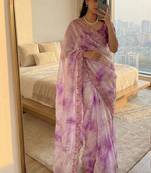 Purple Color embroidery work and sequence border Chiffon Saree