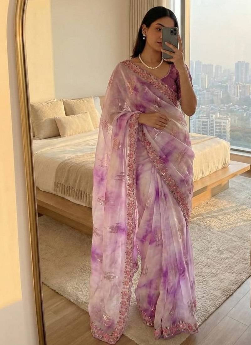 Purple Color embroidery work and sequence border Chiffon Saree