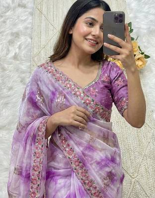 Purple Color embroidery work and sequence border Chiffon Saree 2