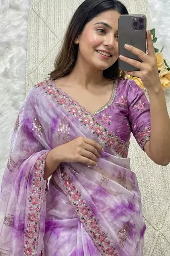 Purple Color embroidery work and sequence border Chiffon Saree