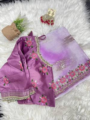 Purple Color embroidery work and sequence border Chiffon Saree 3