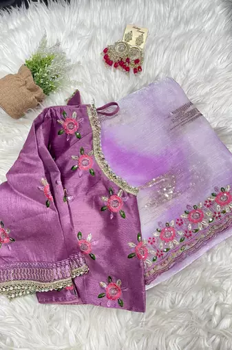 Purple Color embroidery work and sequence border Chiffon Saree