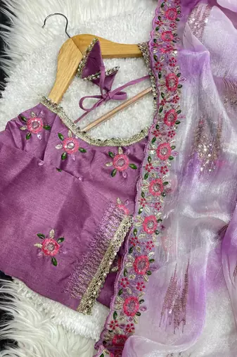 Purple Color embroidery work and sequence border Chiffon Saree
