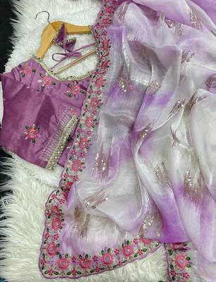 Purple Color embroidery work and sequence border Chiffon Saree 5