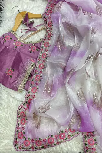 Purple Color embroidery work and sequence border Chiffon Saree
