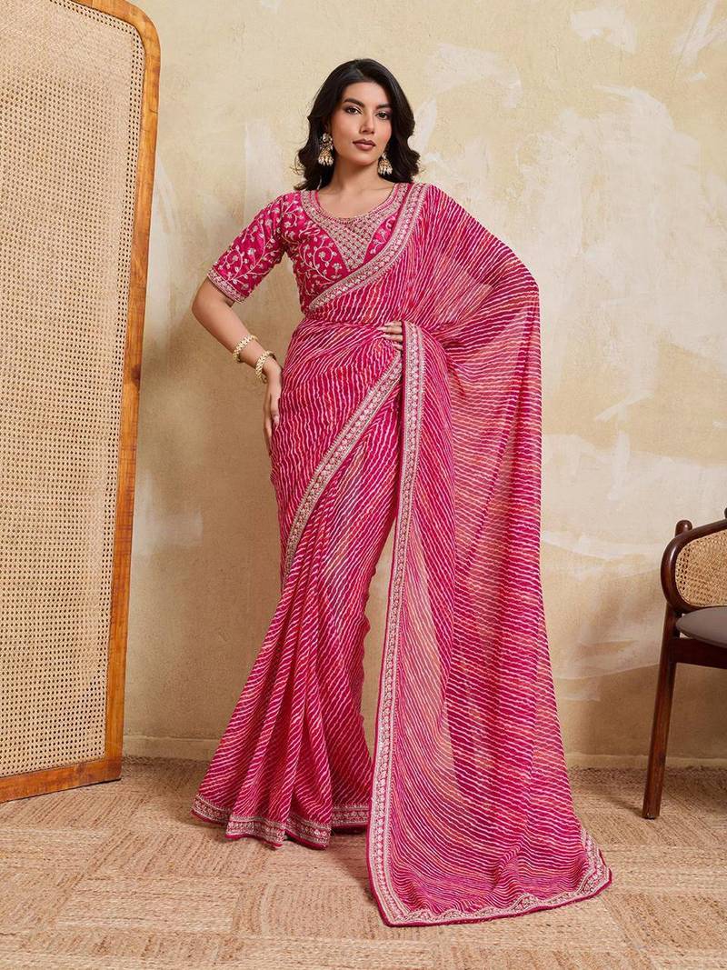 Georgette Pink leheriya printed saree