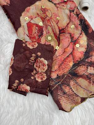 Coffee Color digital prints flower and hand cutdana work art silk saree 1