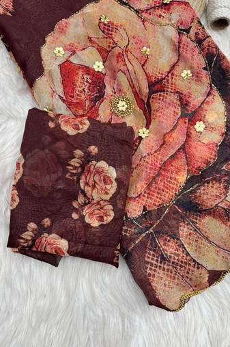 Coffee Color digital prints flower and hand cutdana work Silk Saree