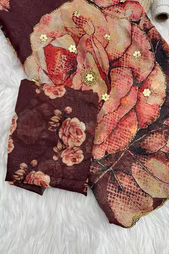 Coffee Color digital prints flower and hand cutdana work Silk Saree