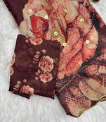 Coffee Color digital prints flower and hand cutdana work Silk Saree