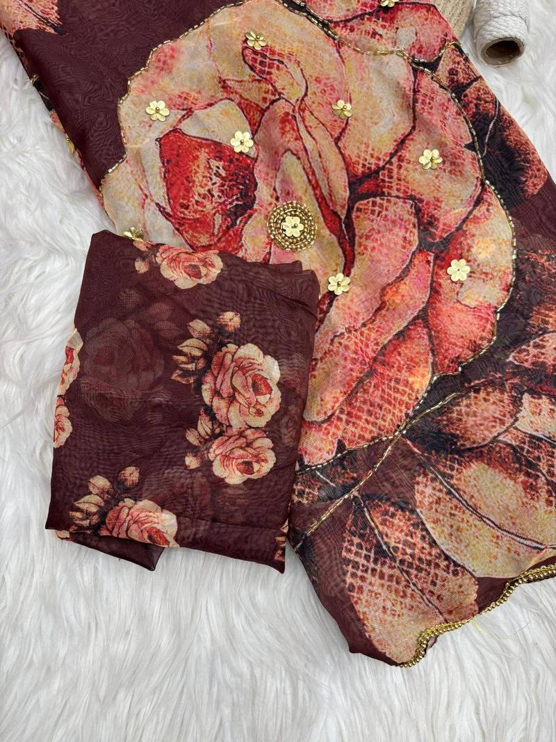 Coffee Color digital prints flower and hand cutdana work Silk Saree