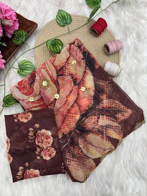 Coffee Color digital prints flower and hand cutdana work art silk saree 2