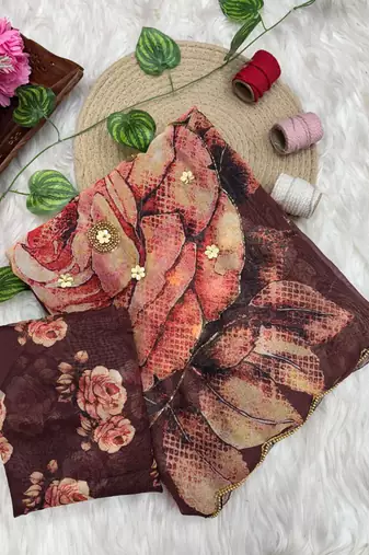 Coffee Color digital prints flower and hand cutdana work art silk saree