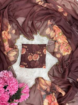 Coffee Color digital prints flower and hand cutdana work art silk saree 3