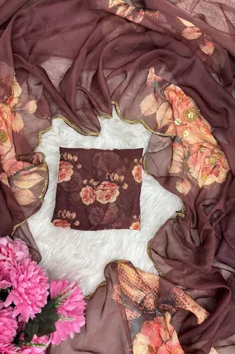 Coffee Color digital prints flower and hand cutdana work art silk saree