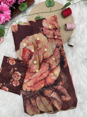 Coffee Color digital prints flower and hand cutdana work art silk saree 4
