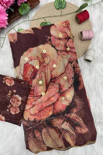 Coffee Color digital prints flower and hand cutdana work art silk saree