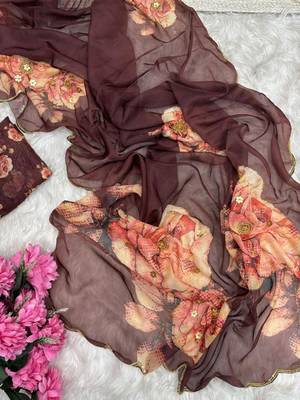 Coffee Color digital prints flower and hand cutdana work art silk saree 5