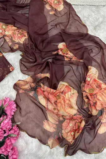 Coffee Color digital prints flower and hand cutdana work art silk saree