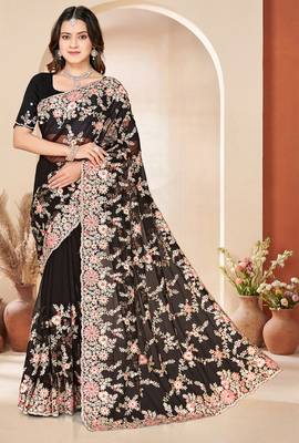 Black sequin zari resham embroidery work net saree sari for women 1