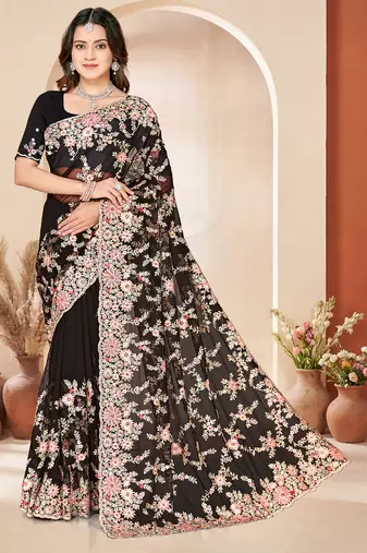 Black sequin zari resham embroidery work net saree sari for women