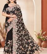 Black sequin zari resham embroidery work net saree sari for women
