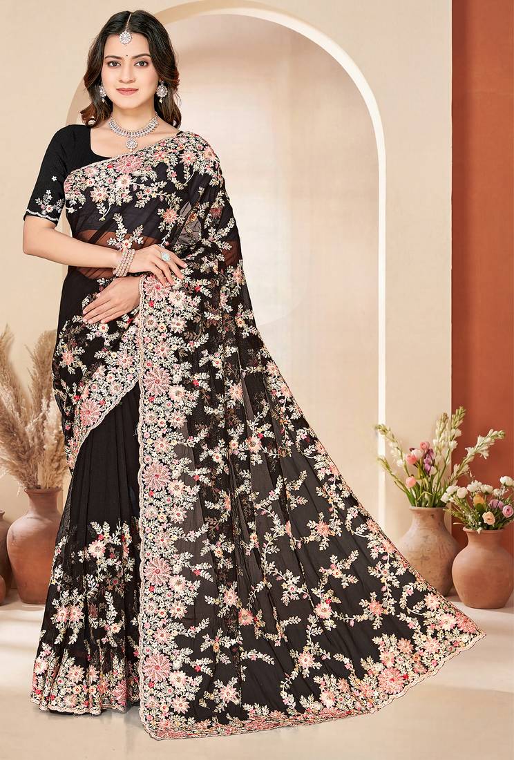 Black sequin zari resham embroidery work net saree sari for women