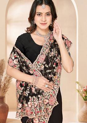 Black sequin zari resham embroidery work net saree sari for women 2