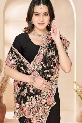 Black sequin zari resham embroidery work net saree sari for women