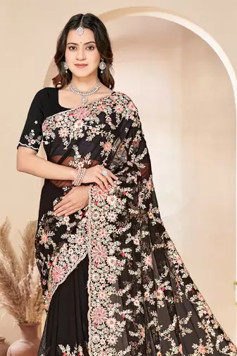 Black sequin zari resham embroidery work net saree sari for women