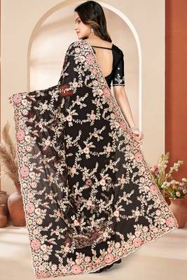 Black sequin zari resham embroidery work net saree sari for women 4