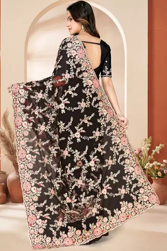 Black sequin zari resham embroidery work net saree sari for women