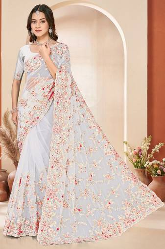 White sequin zari resham embroidery work net saree sari for women