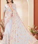 White sequin zari resham embroidery work net saree sari for women
