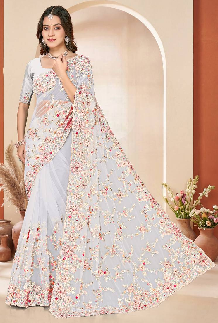 White sequin zari resham embroidery work net saree sari for women