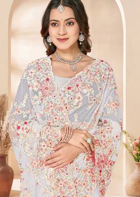 White sequin zari resham embroidery work net saree sari for women 2