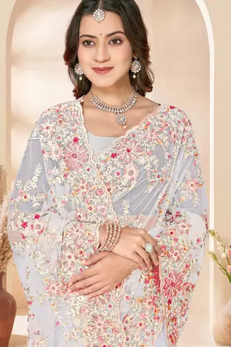 White sequin zari resham embroidery work net saree sari for women