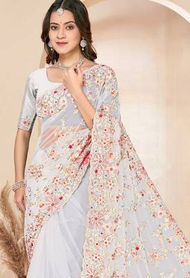 White sequin zari resham embroidery work net saree sari for women 3