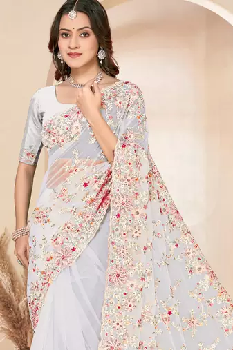White sequin zari resham embroidery work net saree sari for women