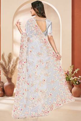 White sequin zari resham embroidery work net saree sari for women 4