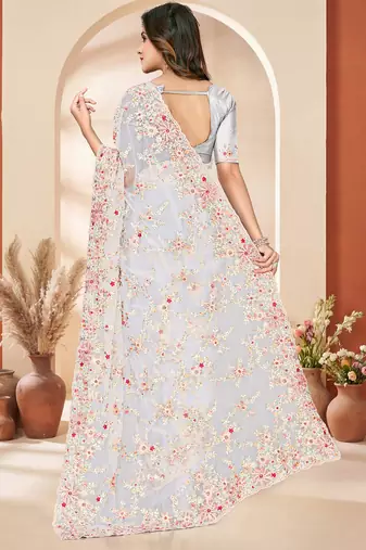 White sequin zari resham embroidery work net saree sari for women