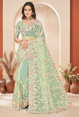 Green sequin zari resham embroidery work net saree sari for women 1