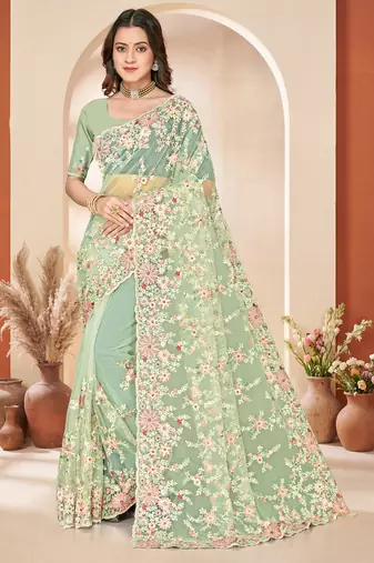 Green sequin zari resham embroidery work net saree sari for women